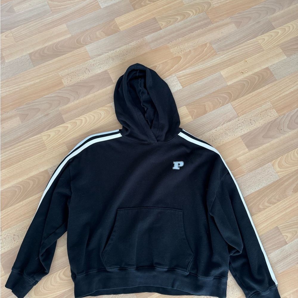 PINK Victoria's Secret Black Hooded Pullover with White Shoulder Stripes